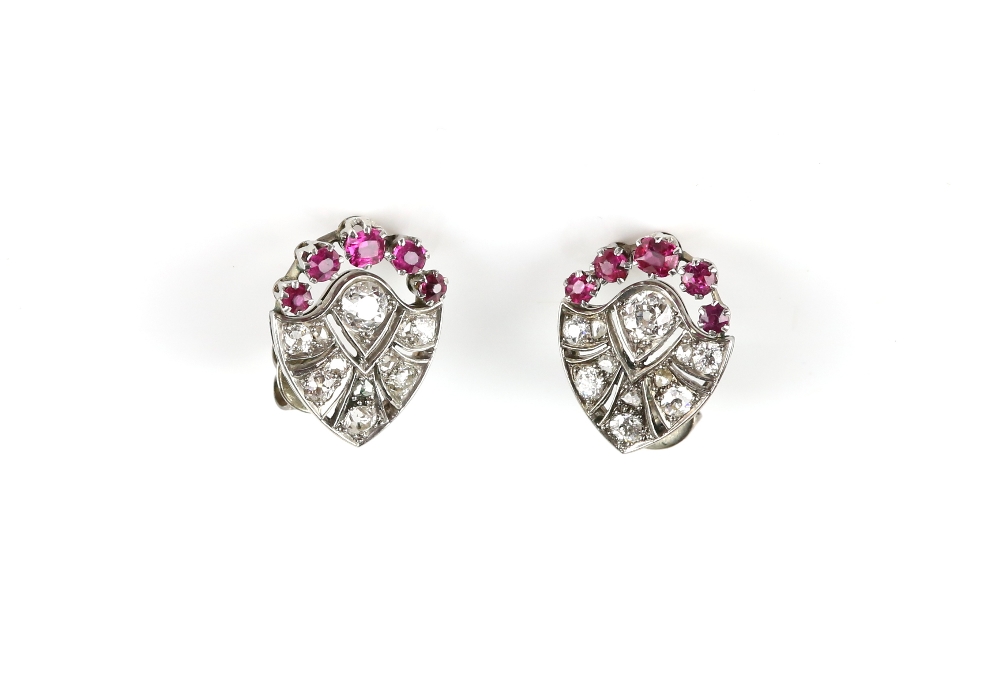 Pair of Art Deco synthetic ruby and diamond earrings, pear shaped design set with old cut and rose