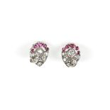 Pair of Art Deco synthetic ruby and diamond earrings, pear shaped design set with old cut and rose