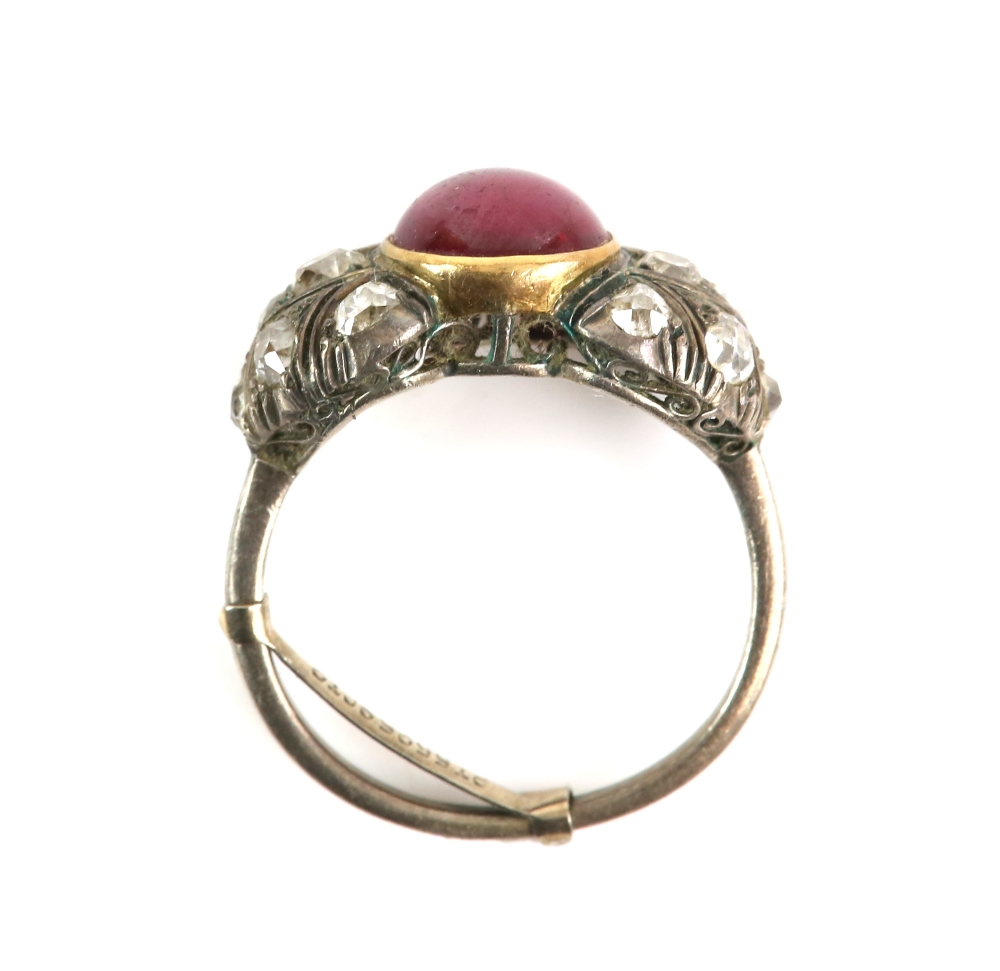 Old cut diamond and synthetic ruby ring; featuring a central circular cabochon cut synthetic ruby, - Image 4 of 6