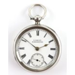 Late Victorian open face silver pocket watch, enamel dial signed H Samuel, Roman numeral hour