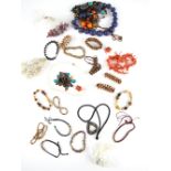 Selection of bead necklaces and costume jewellery, including a coral necklace and earrings, loose