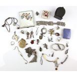 Selection of silver and costume jewellery including silver pendants, a labradorite ring, and