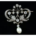 Edwardian Belle Époque old cut diamond and pearl drop brooch, openwork ribbon and sunburst design