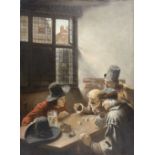 19th century Continental school, Men playing dice at a table, oil on canvas, signed 'G Pinot'