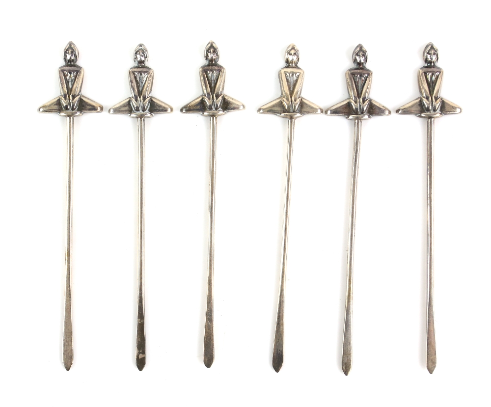 Cased set of six Art Deco silver cocktail sticks in the form of a lady in a yoga position, by - Image 4 of 8