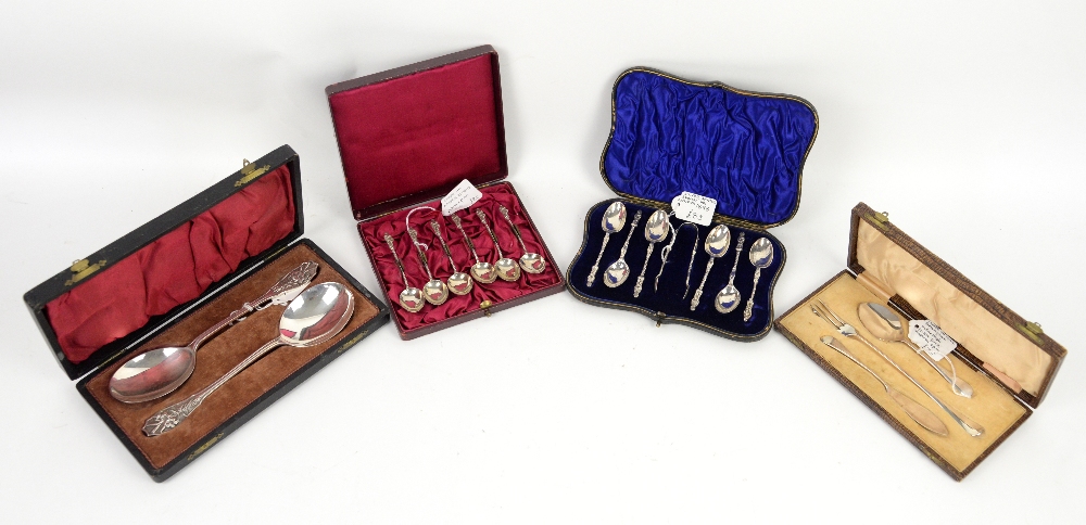 George V cased pair of silver spoons with floral handles, Sheffield 1921, cased apostle spoons and - Image 2 of 2