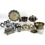 Collection of silver plated wares to include a circular dish and cover, tea pot with scrolling