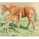 J Clarke, British 20th century, 'Carmen & Breeze', study of a chestnut mare and foal, signed and