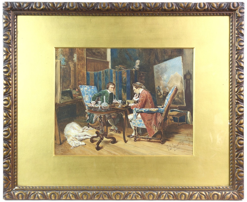 P de Jenne, French 19th century, interior scene with two gentlemen playing chess, signed and dated - Image 3 of 8