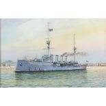 Will C. Cluett, Warship off a harbour, watercolour, signed, 24cm x 36cm