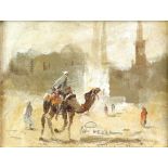 20th century, Middle Eastern scene with camel rider and city beyond, indistinctly signed, oil on