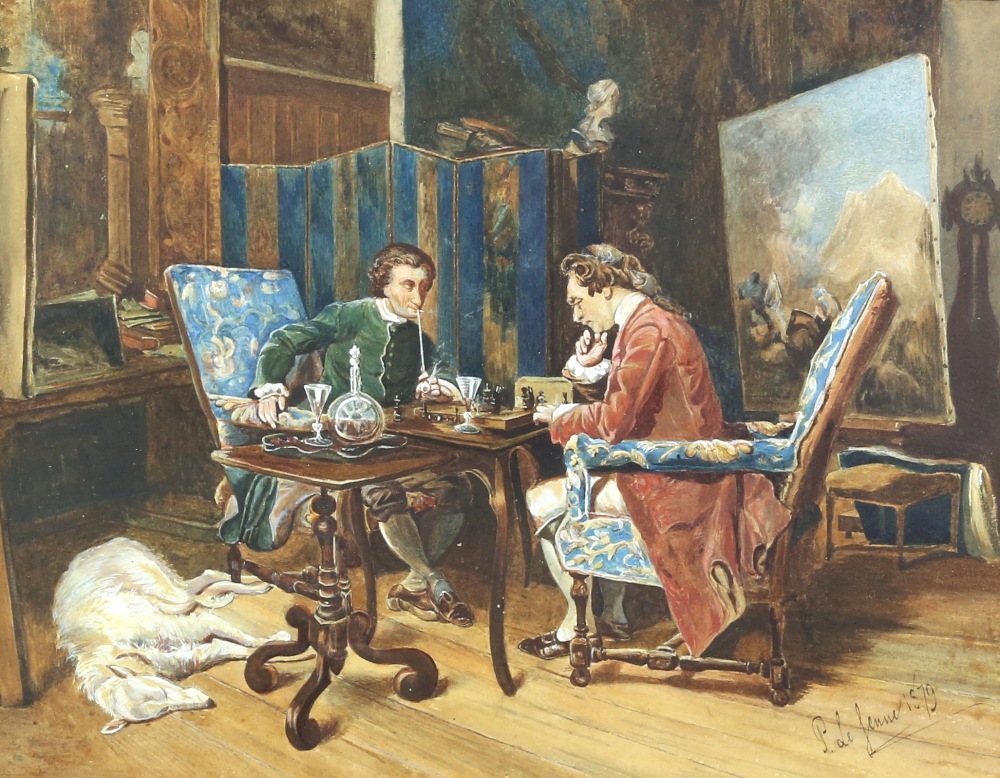 P de Jenne, French 19th century, interior scene with two gentlemen playing chess, signed and dated - Image 2 of 8