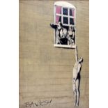 After Banksy, giclee depicting a naked man hanging from a window sill with a man and woman looking