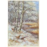 20th century, English School, pheasants in a snowy landscape, indistinctly signed, gouache, 24cm x