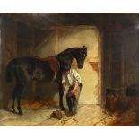 John Frederick Herring Jr (British, 1815-1907). Farrier shoeing a horse in a stable, oil on
