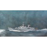 Oil on board of HMS Norfolk, County Class Destroyer, monogrammed and dated 1972, 44.5 x 79cm