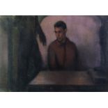 20th century pastel of a young man seated behind a table with looming figure standing to his side,