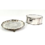 Silver-plated biscuit box, 19.5 cm, and a salver, 26 cm diam. (2)