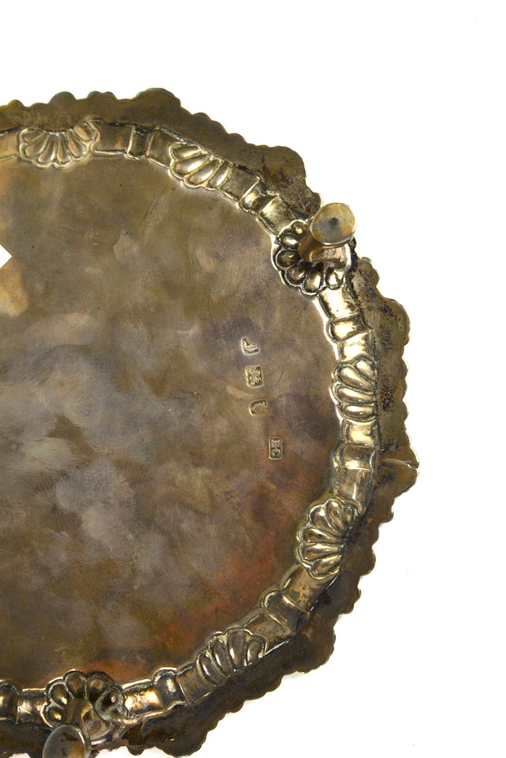 George III silver salver by Elizabeth Cooke, London 1764, the border with shell design, raised on - Image 6 of 6