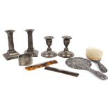 Pair of Victorian silver candle sticks, London 1895, pair of dwarf candlesticks, brush, mirror and