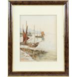 A Scott Kestin, harbour scene with boats and figures, signed, watercolour, 24.5cm x 19.5cm,
