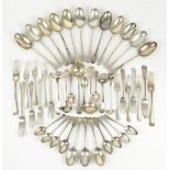 Suite of crested silver Old English pattern flatware comprising 12 table spoons, 4 table forks, 11