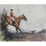 Edward Frank Gillett RI (British, 1874-1927). ‘Full Cry’. Mounted huntsman jumping a hedge,