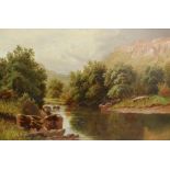 Bolton Kincaid (Late 19th century British school), Landscape scene with man fishing in a river,