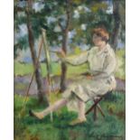 Rene Frabmann, 20th century, study of a lady artist at work in a landscape setting, signed, oil on