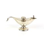 Edward VII silver table lighter in the form of a lamp with bird head handle, by Henry Williamson