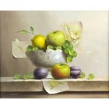 Mike Woode, 20th century, still-life of apples, grapes and plums, signed, oil on canvas, 39.5cm x
