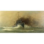 William Lionel Wyllie (British, 1851-1931), Warship at sea, oil on canvas, signed lower right, 37