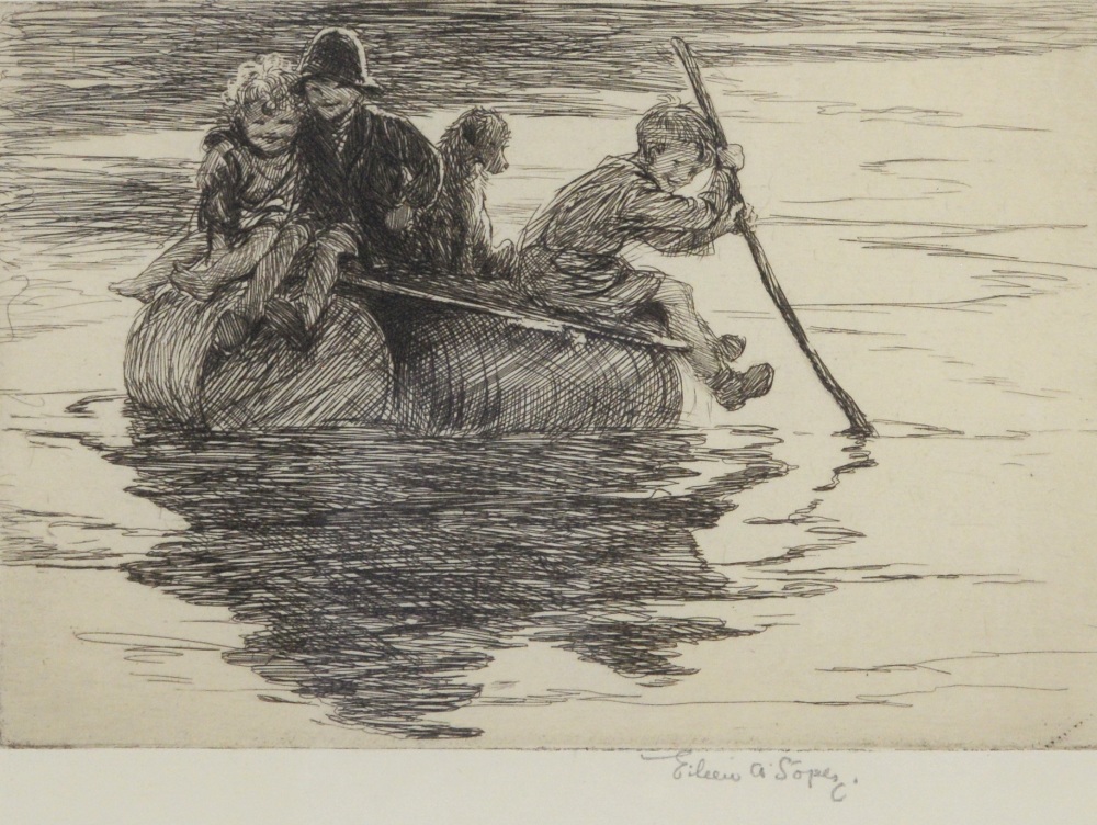 Eileen Soper (British, 1905-1990), Children on a raft, etching, signed in pencil to lower right