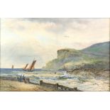Horace Chambers, quayside scene with figures, cliffs and ships at sea, signed, watercolour, 35.5cm x
