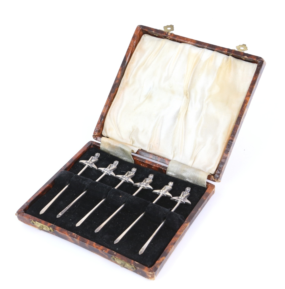 Cased set of six Art Deco silver cocktail sticks in the form of a lady in a yoga position, by