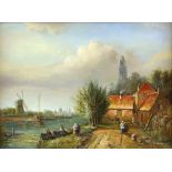 A. Norley, 20th century, Dutch canal scene with figures in a boat and a windmill, signed, oil on