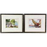 20th century, English school, picnic scene by a river, and a Continental scene with figures on a