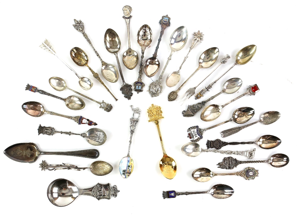 Collection of silver and silver plated travel spoons, mostly hallmarked, Guildford enamel with