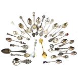 Collection of silver and silver plated travel spoons, mostly hallmarked, Guildford enamel with