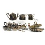 Selection of silver-plated items including tea services, shell shaped cruet, etc
