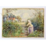 Late 19th/early 20th century, English School, young woman leaning on a stile with cottage and