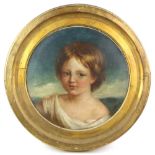 English school, circular portrait of a child, oil on canvas, signed indistinctly at the base ****