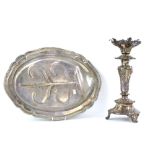 Large silver-plated centre-piece, the base, body and neck decorated with acanthus leaves, with