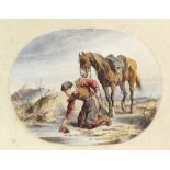 Frederick Weekes (British, 1854-1893), figure with a horse at a pool, named on mount, watercolour,
