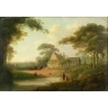 J. Rathbone, British 1750-1807, country scene with figures fishing, horses and churchyard, with