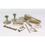 American pair of Gorham silver dwarf candlesticks, together with a selection of other items
