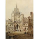 19th century continental school, Town gate with clock, watercolour, 43cm x 31cm with attached note
