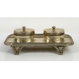 Edward VII silver inkstand, of shaped rectangular form with gadrooned borders, set with two oval