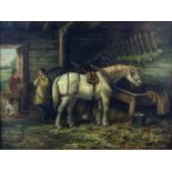 In the style of George Morland, 19th century, figures in a barn with horses, unsigned, oil on
