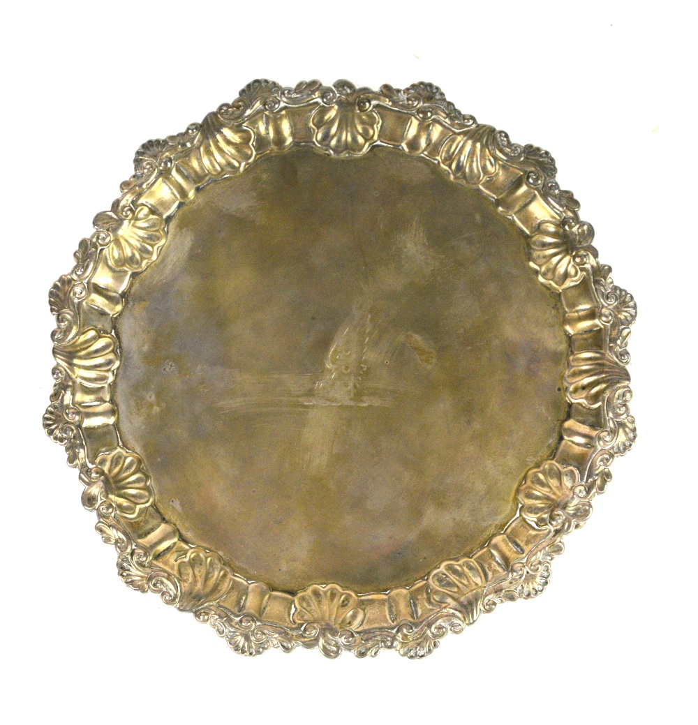 George III silver salver by Elizabeth Cooke, London 1764, the border with shell design, raised on - Image 4 of 6